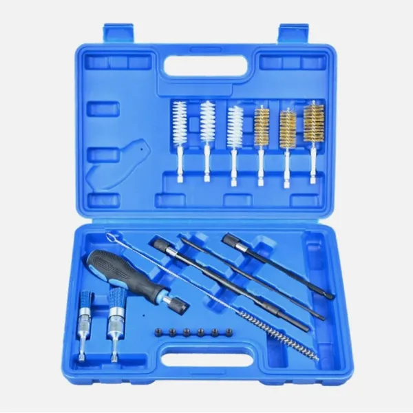 Tool For Repairing And Cleaning Fuel Injector Seats, Made Of Carbon Steel, Featuring A Black, Silver, And Blue Design