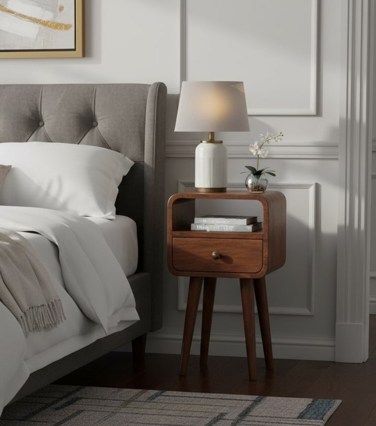 Solid Wood Mini Honey Caramel Curved Bedside With Open Slot, 1 Drawer, Dark — image 2