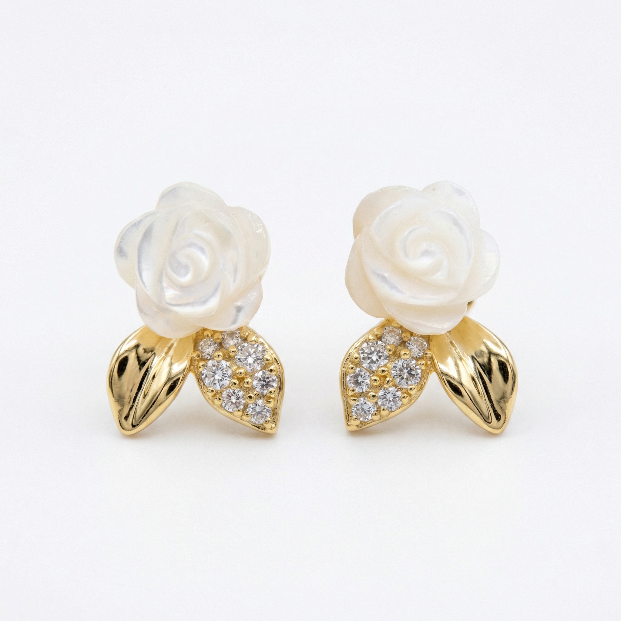 925 Sterling Silver Elegant Mother of Pearl Rose Stud Earrings with Sparkling Cubic Zirconia and Polished Leaf Accents