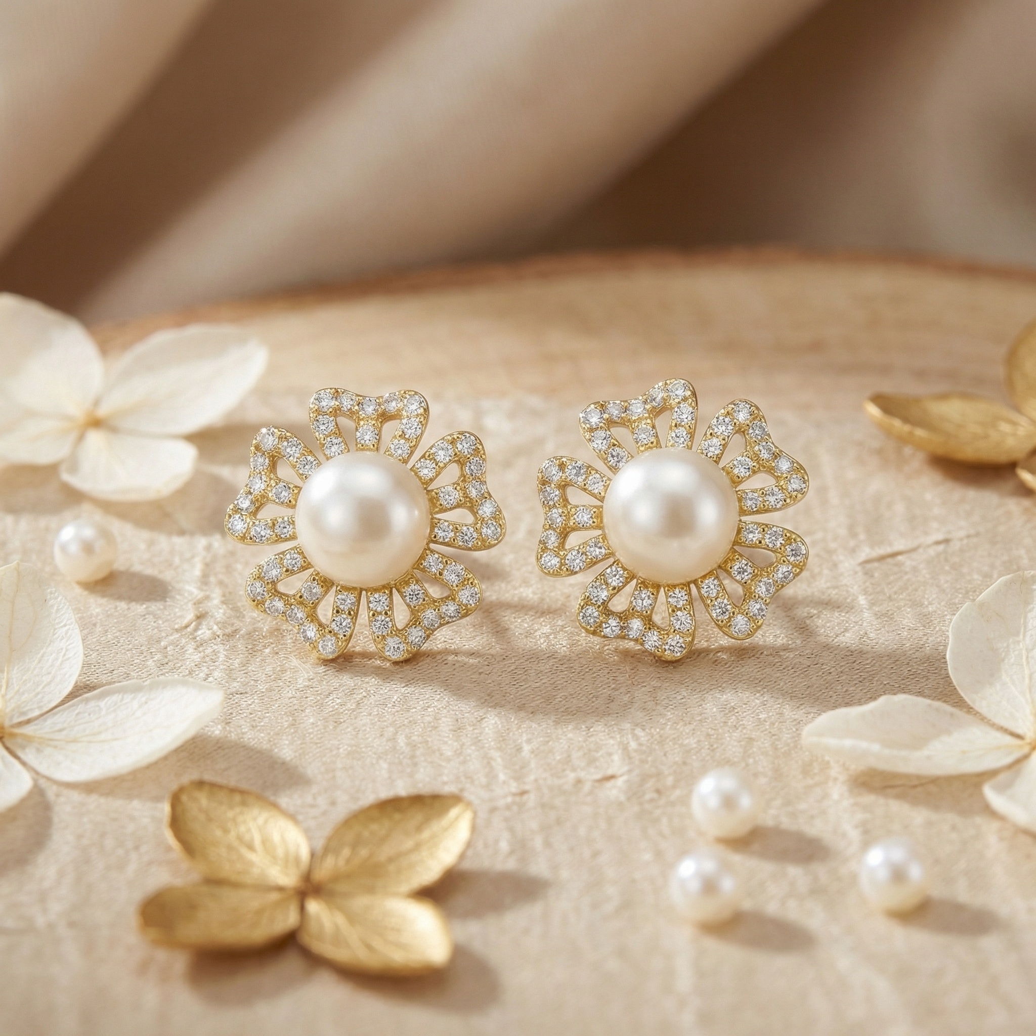 925 Sterling Silver Elegant Floral Pearl Stud Earrings with Sparkling Openwork Petals