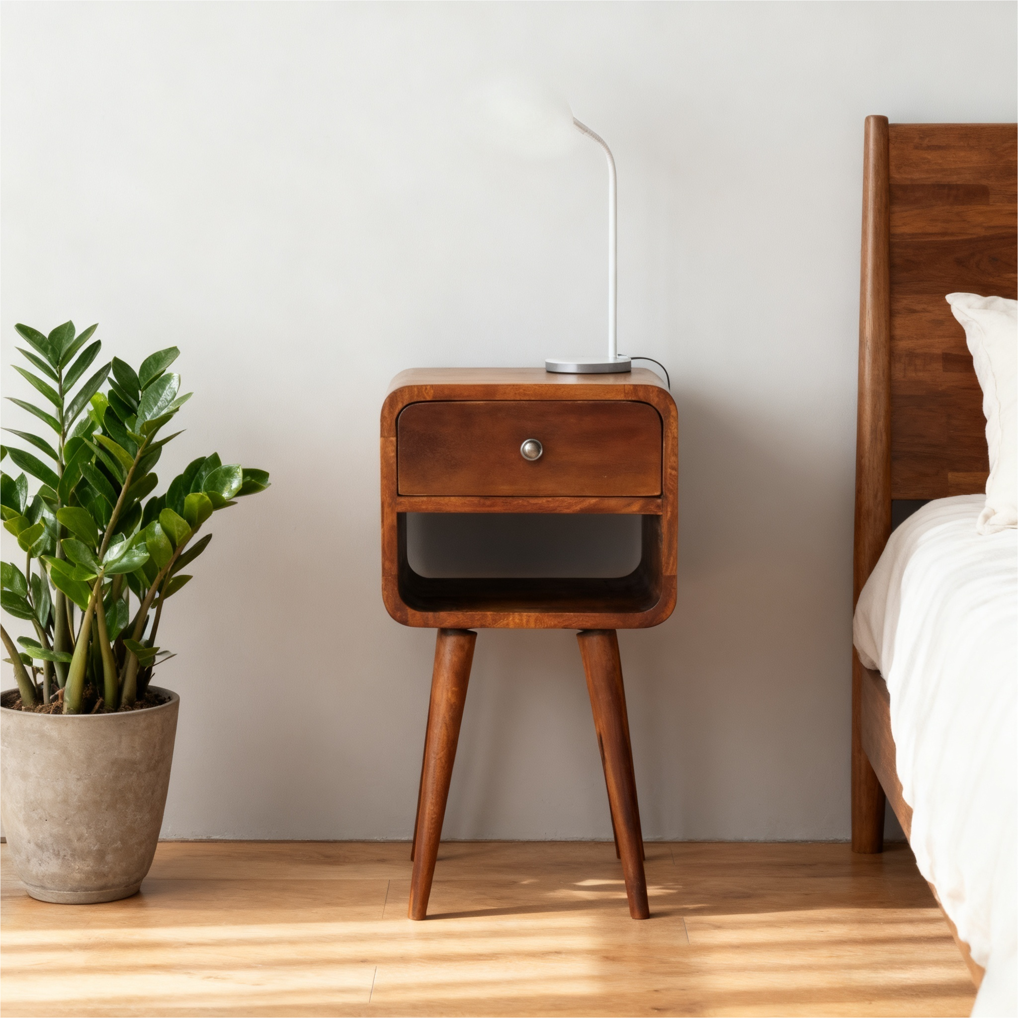 Solid Wood Mini Chestnut Curve Lower Bedside, 1 Drawer And Open Slot, Dark Brown — image 3