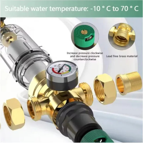 3/4 Inch Water Pressure Reducer With Gauge And Mesh Filter, For RV, Home