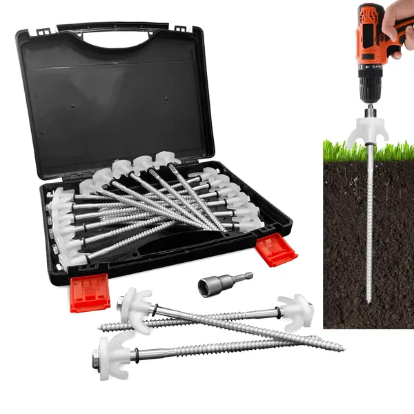 20-Pack Heavy-Duty Screw-In Tent Stakes | Glow-in-the-Dark Heads | Hex Driver & Storage Box Included