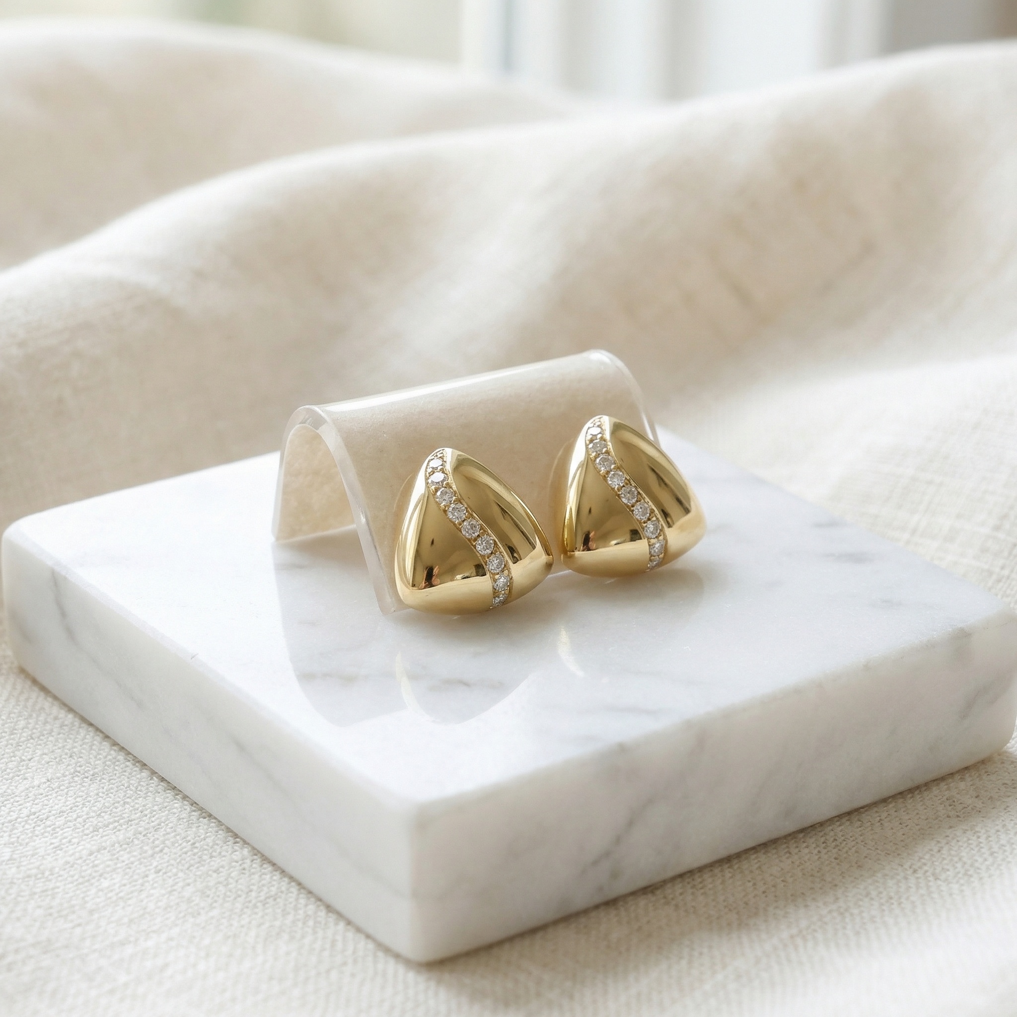 925 Sterling Silver Elegant Metallic Triangle Stud Earrings with a Curved Glistening Stone Inset  - Image 1