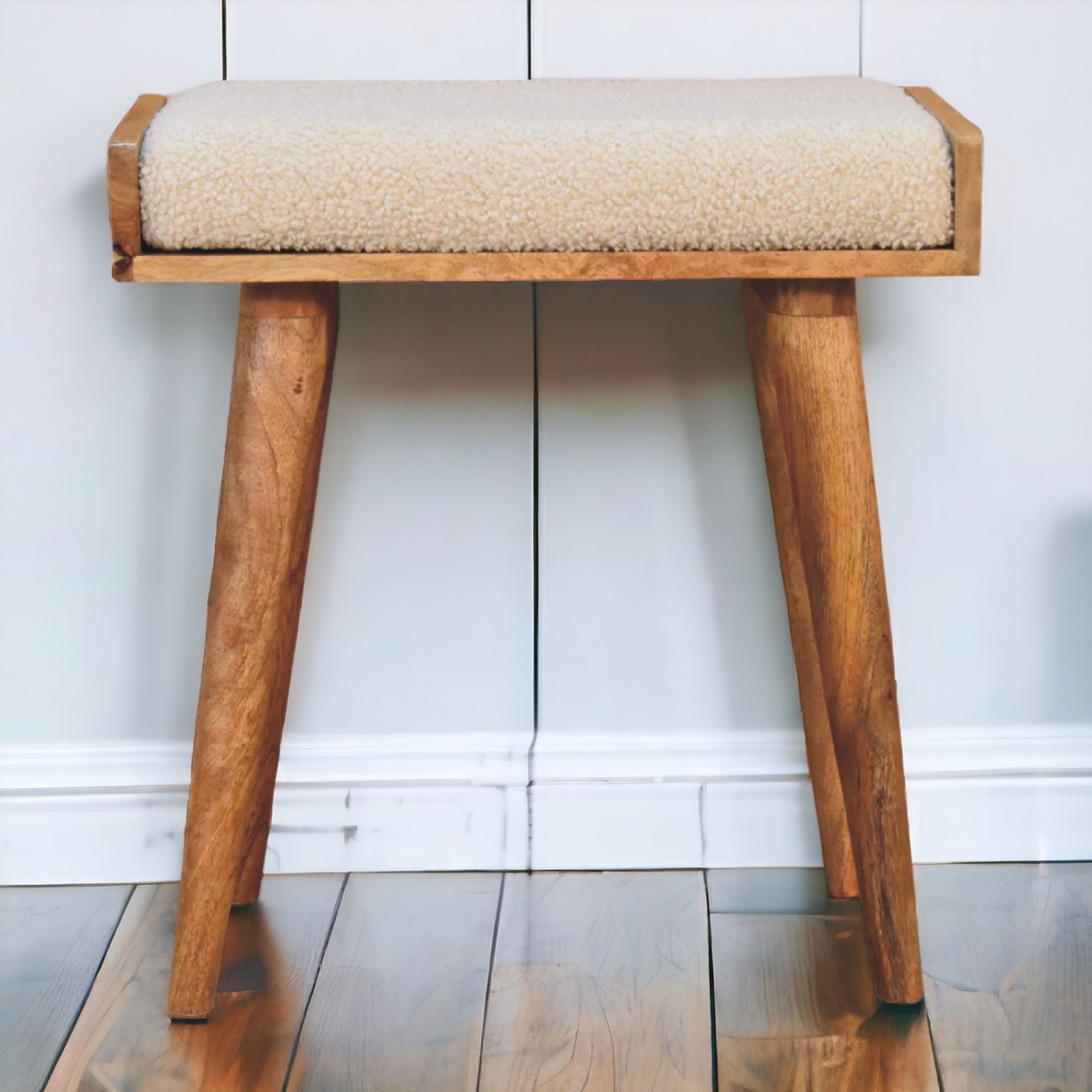 Solid Wood Boucle Cream Tray Style Footstool, Upholstered, Nordic Legs, Beige And Brown