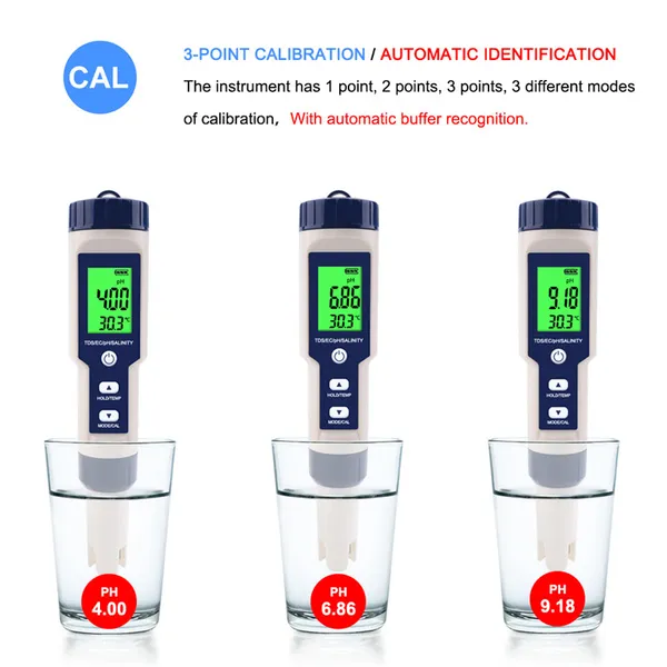 5-in-1 Water Quality Tester, Digital Salinity Meter For Saltwater Aquarium & Pool, TDS EC Temperature Tester With ATC, Hydroponics, Swimming Pools, Home & Professional Use