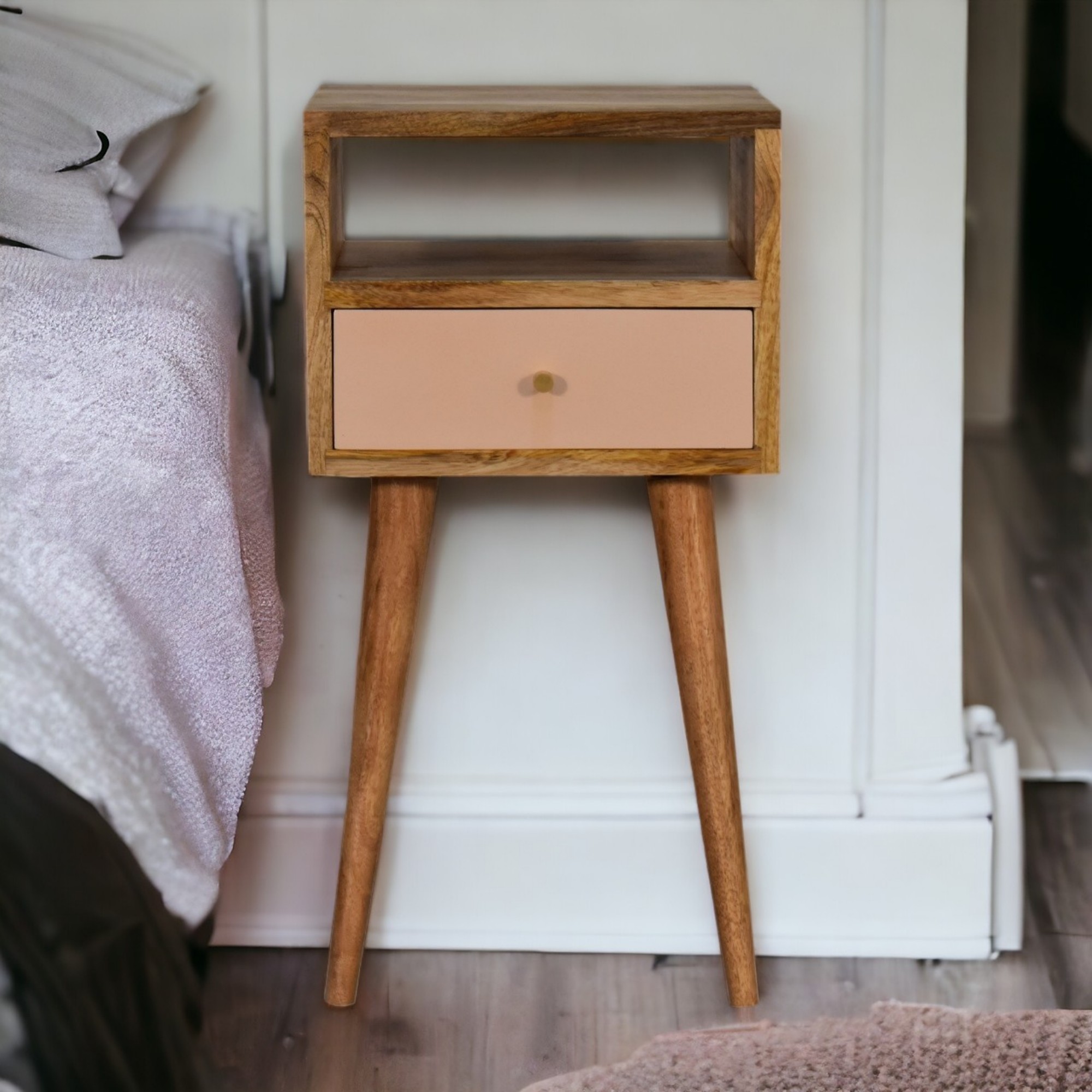 Solid Wood Mini Blush Hand Painted Bedside, 1 Drawer And Open Shelf, Beige