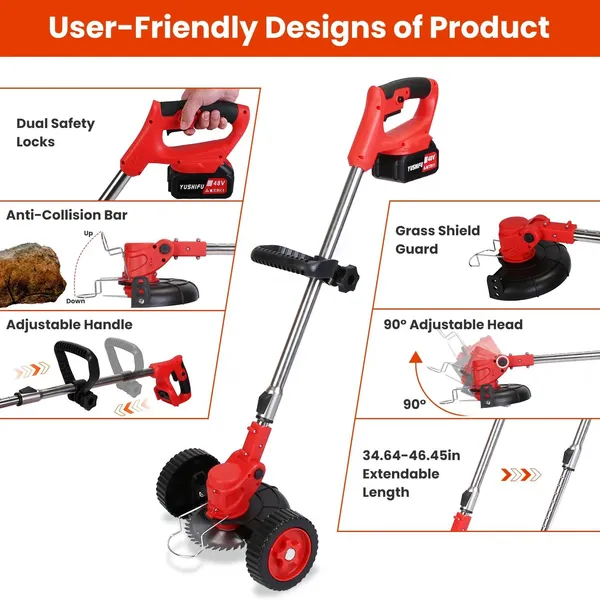 3 In 1 Electric Cordless Grass Wacker Battery Powered Grass Trimmer With Wheels Adjustable Head Extendable Length Rechargeable Lightweight Lawn Trimmer With 2Pcs 2500mAh Batteries