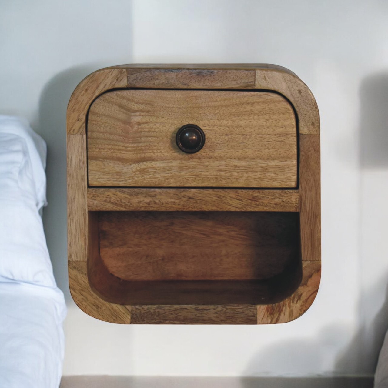 Solid Wood Extra Mini Curved Oak-ish Bedside With Open Slot, 1 Drawer, 1 Shelf — image 4