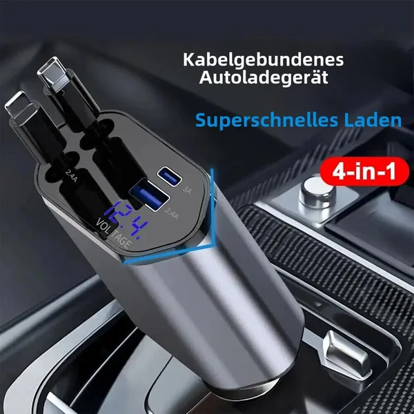Car USB Cigarette Lighter Fast Charger (120W 4-Port Retractable Cable)