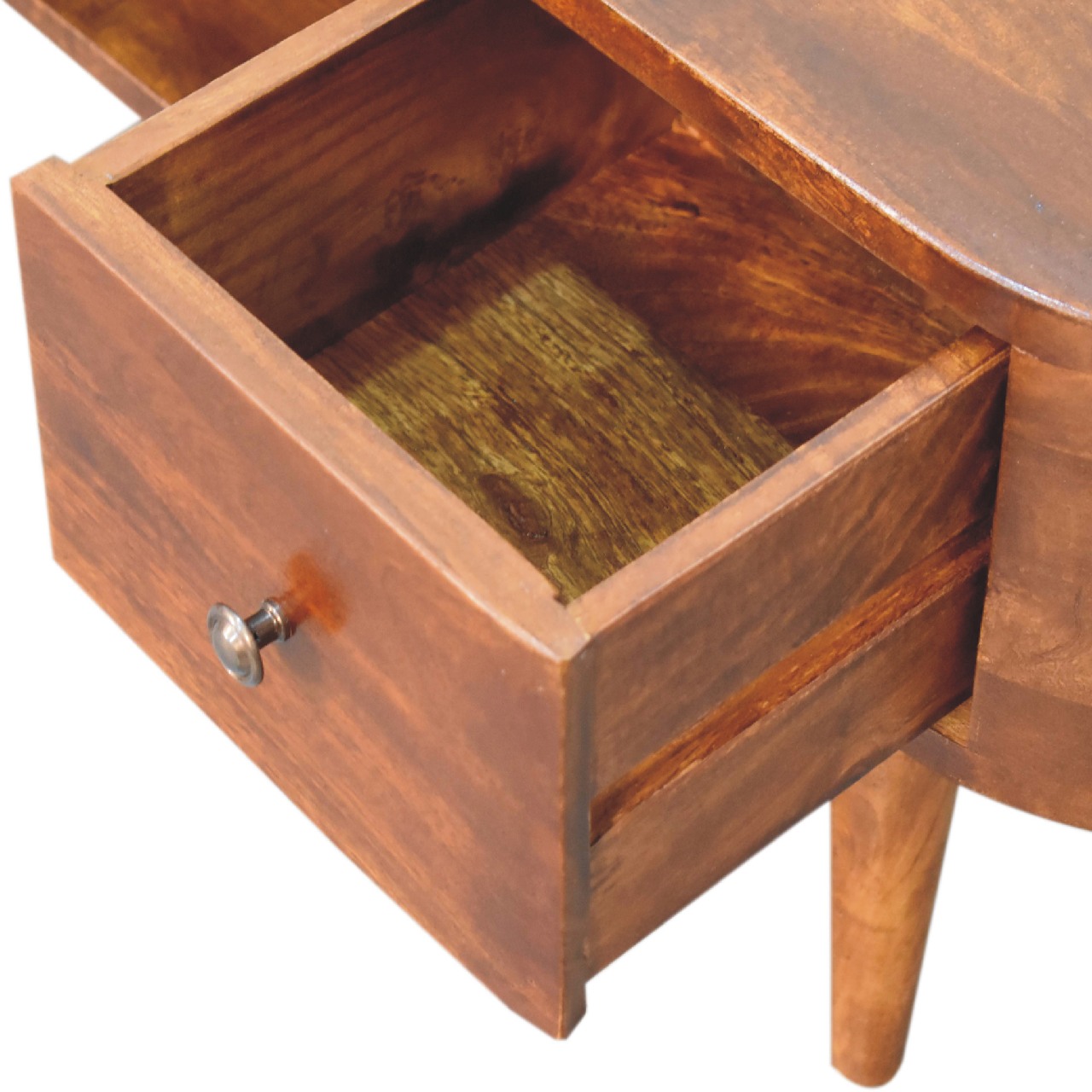 Solid Wood Chestnut Round Open Media Unit, 2 Drawers, 1 Slot, Dark Brown — image 5