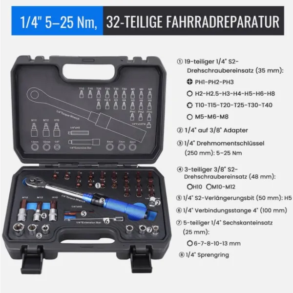 1/4 Inch Industrial-grade Torque Wrenchdjustable Torque Accuracy Kilograms Auto Mechanic Tooltorque Torque Wrench 5-25Nm Bicycle Repair Tool Kit (32-Piece)