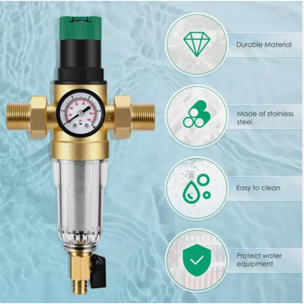 3/4 Inch Water Pressure Reducer With Gauge And Mesh Filter, For RV, Home