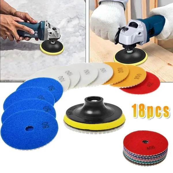 Diamond Abrasive Discs (Set Of 18) - 4" Wet/Dry Polishing Pads For Drills, Grinders And Polishers, Abrasive Material For Concrete, Marble, Countertops, Quartz