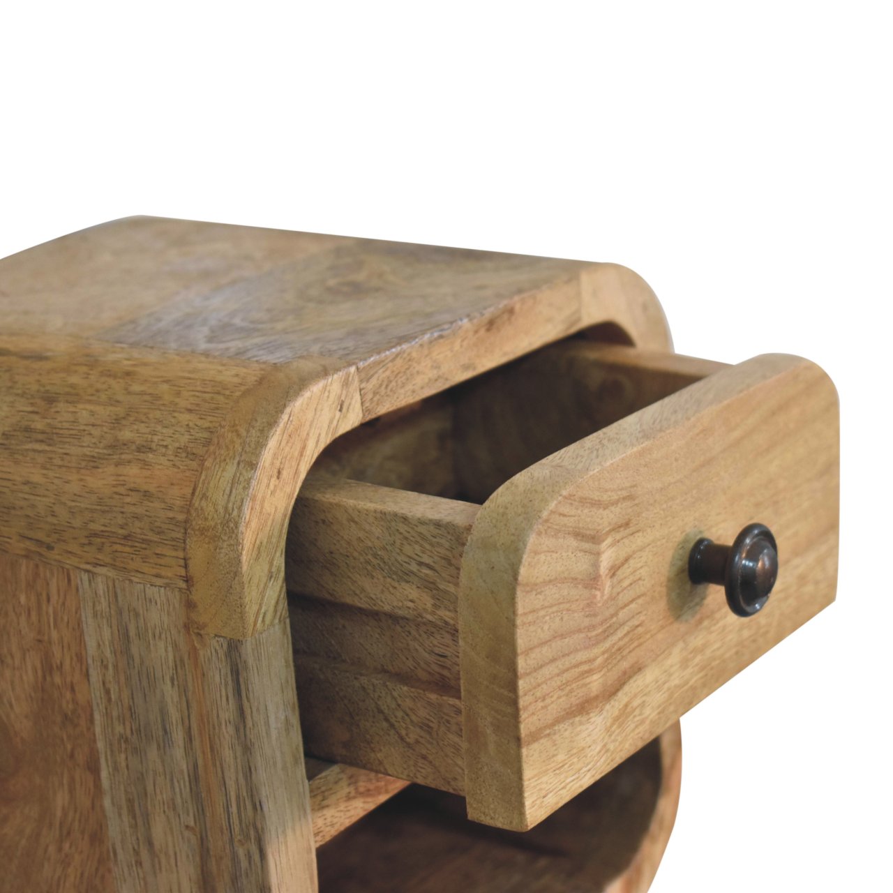 Solid Wood Extra Mini Curved Oak-ish Bedside With Open Slot, 1 Drawer, 1 Shelf — image 5