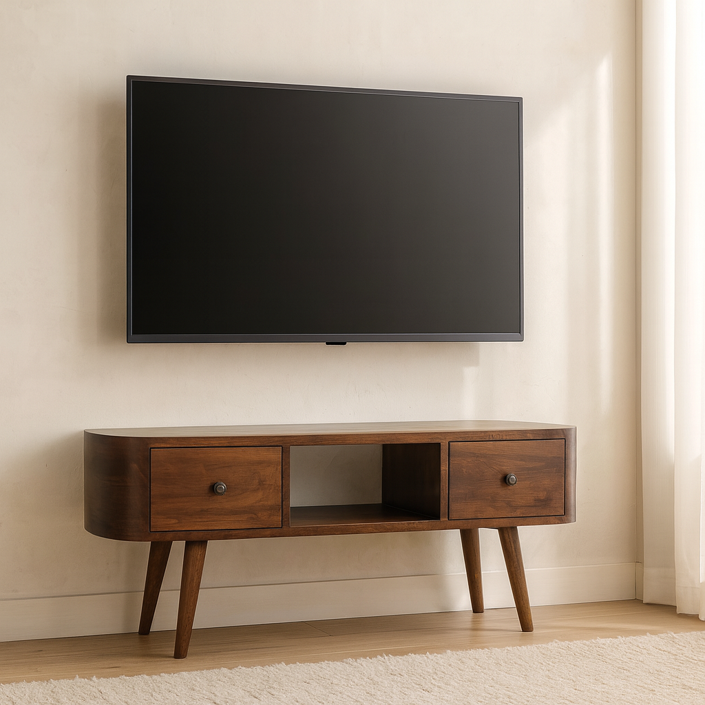Solid Wood Chestnut Round Open Media Unit, 2 Drawers, 1 Open Slot, Dark Brown