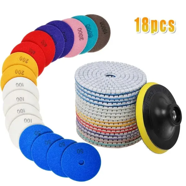 Diamond Abrasive Discs (Set Of 18) - 4" Wet/Dry Polishing Pads For Drills, Grinders And Polishers, Abrasive Material For Concrete, Marble, Countertops, Quartz