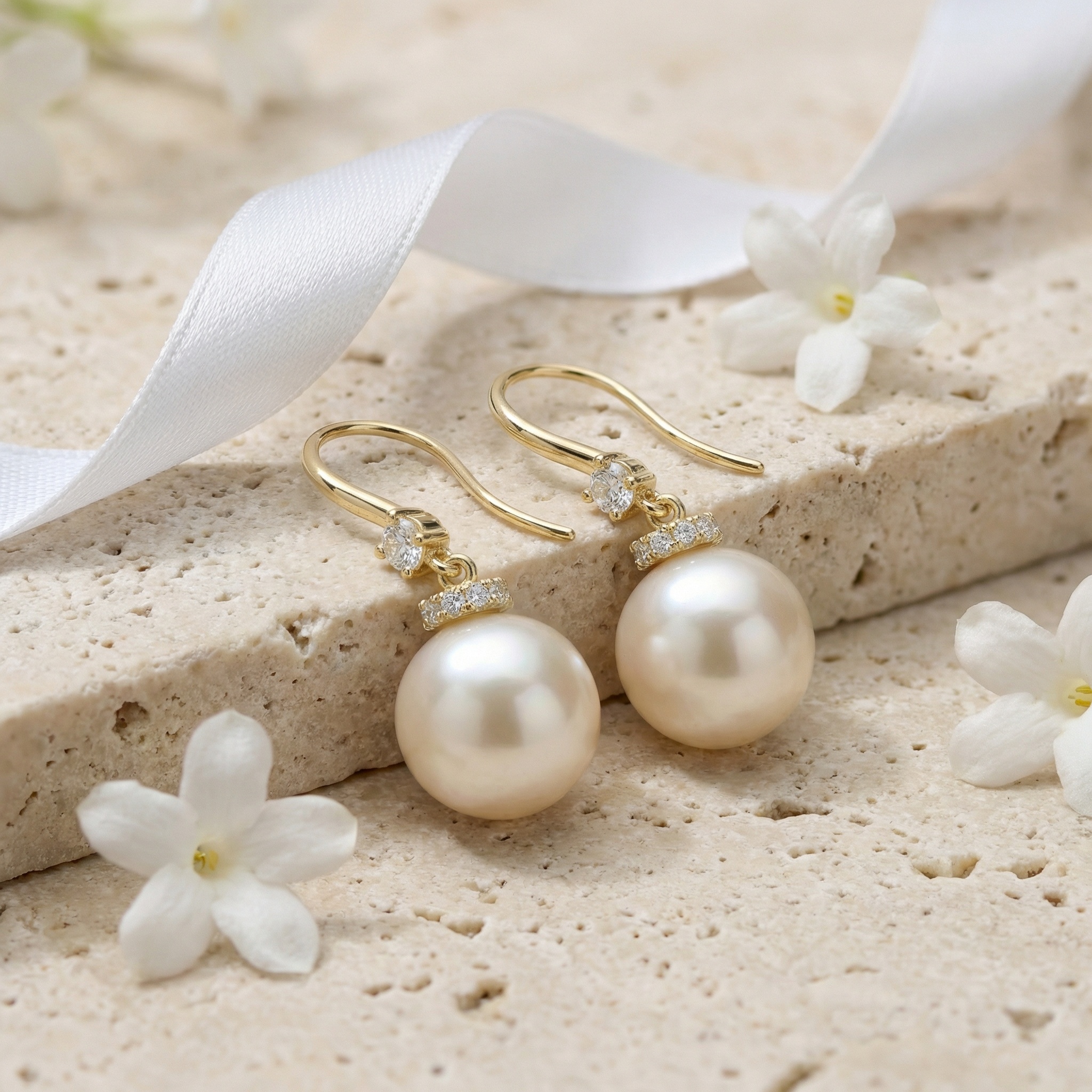 925 Sterling Silver Elegant Pearl Drop Earrings with Shimmering Diamond Accents and Polished Hooks