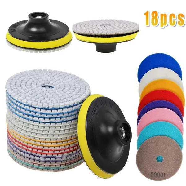 Diamond Abrasive Discs (Set Of 18) - 4" Wet/Dry Polishing Pads For Drills, Grinders And Polishers, Abrasive Material For Concrete, Marble, Countertops, Quartz