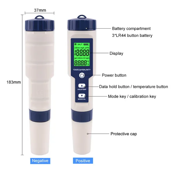 5-in-1 Water Quality Tester, Digital Salinity Meter For Saltwater Aquarium & Pool, TDS EC Temperature Tester With ATC, Hydroponics, Swimming Pools, Home & Professional Use