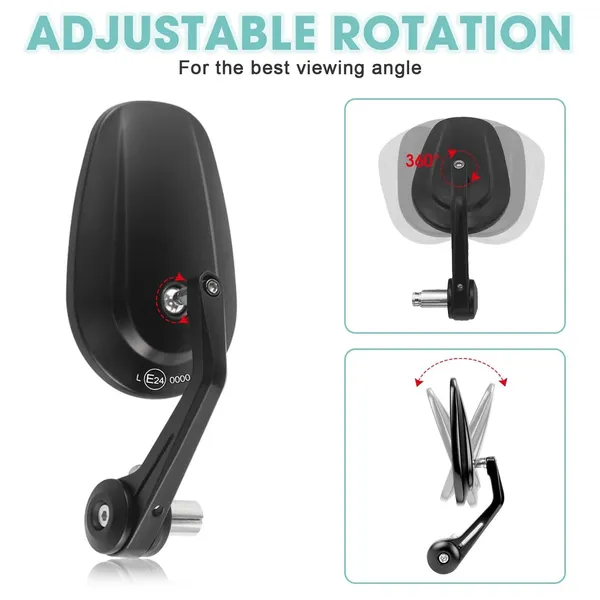 Motorcycle Handlebar End Mirror, Mirror, Rearview Mirror, CNC E-checked, 7/8", Black