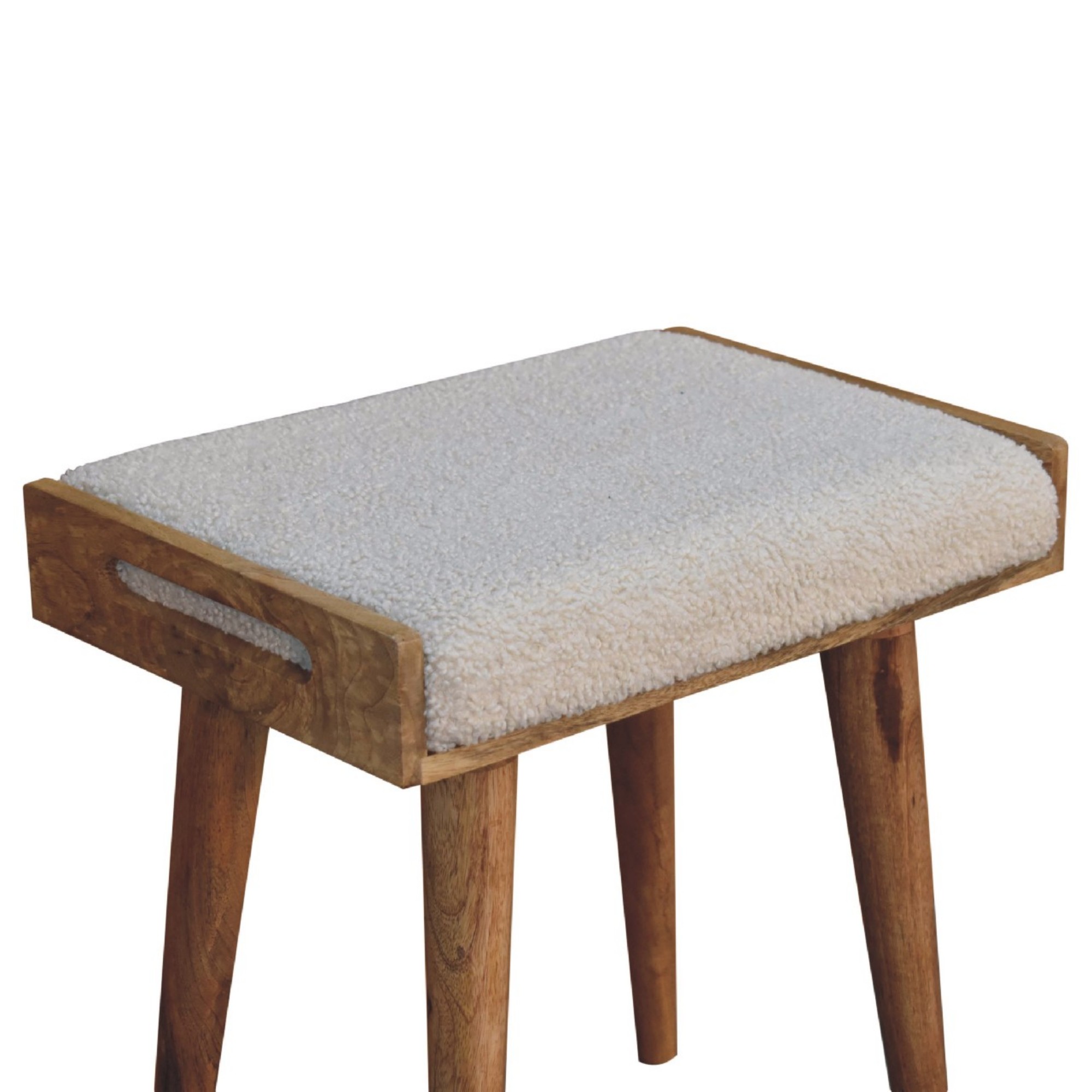 Solid Wood Boucle Cream Tray Style Footstool, Upholstered, Nordic Legs, Beige — image 3