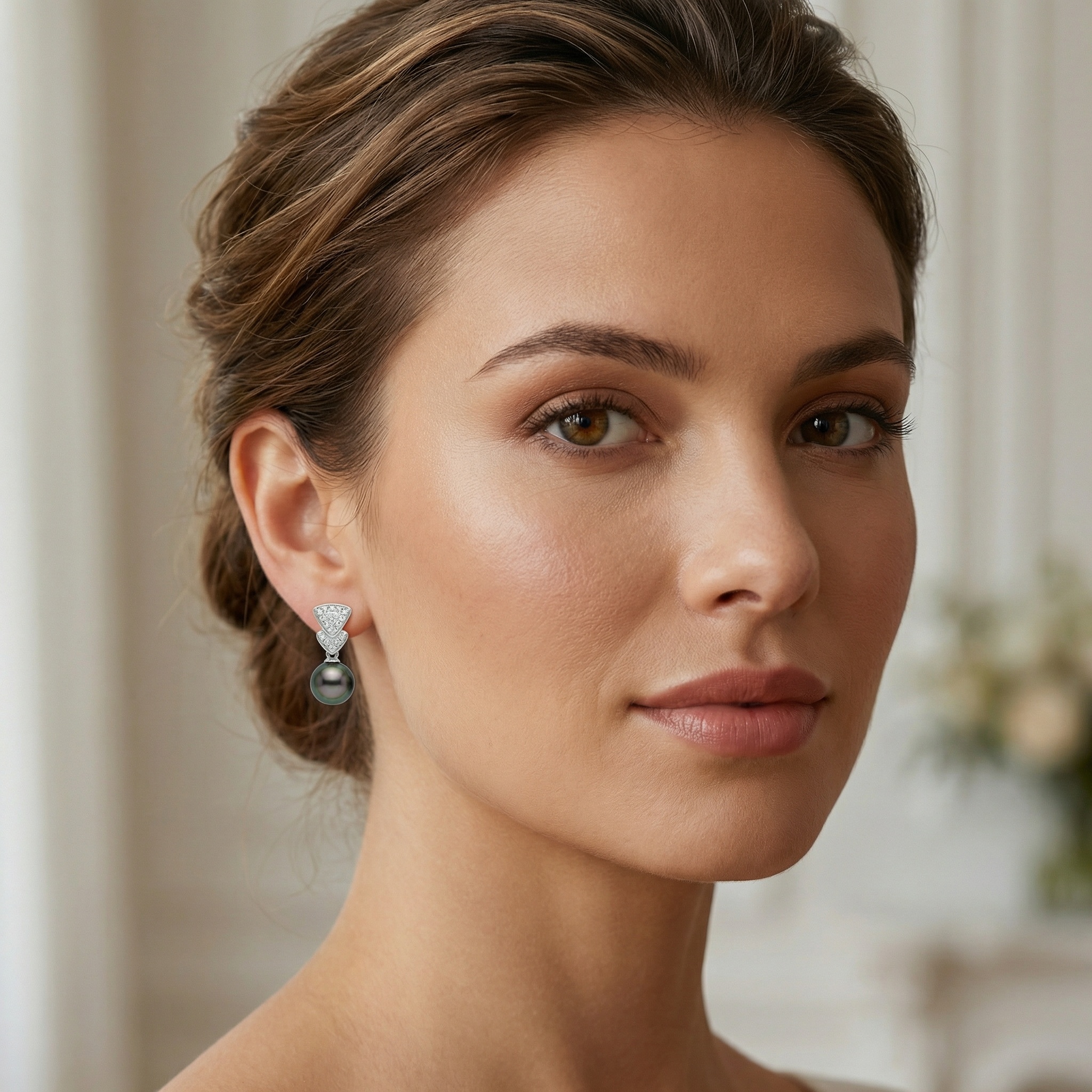 925 Sterling Silver Geometric Diamond-Accented Tahitian Pearl Drop Earrings in White Precious Metal