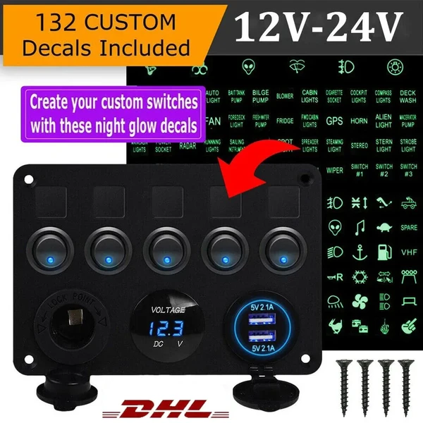 12V/24V 5-Gang LED Switch Panel, Boat Car RV Rocker Switch Board With Voltmeter And Dual USB