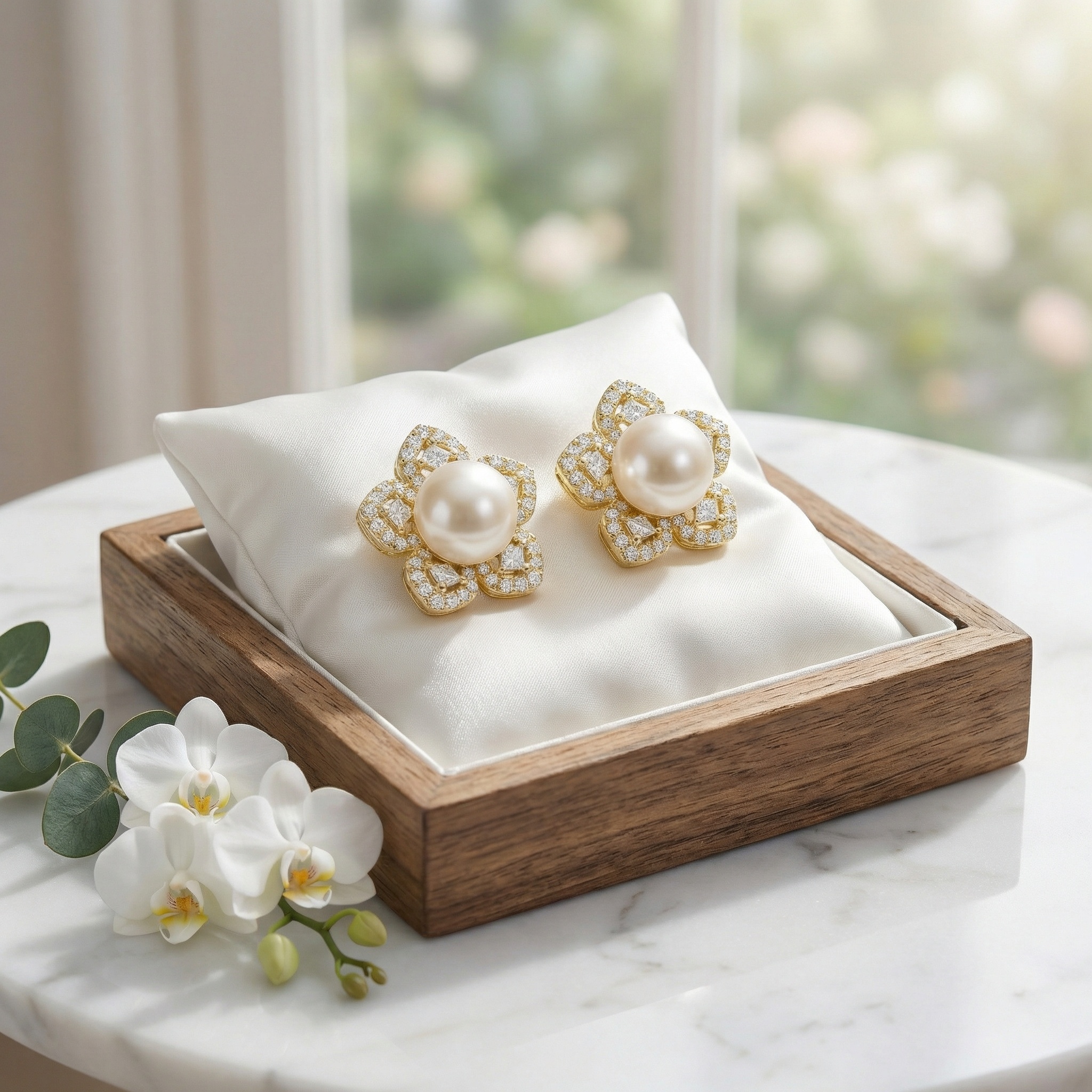 Sterling Silver Pearl Floral Stud Earrings, picture 3 of 4