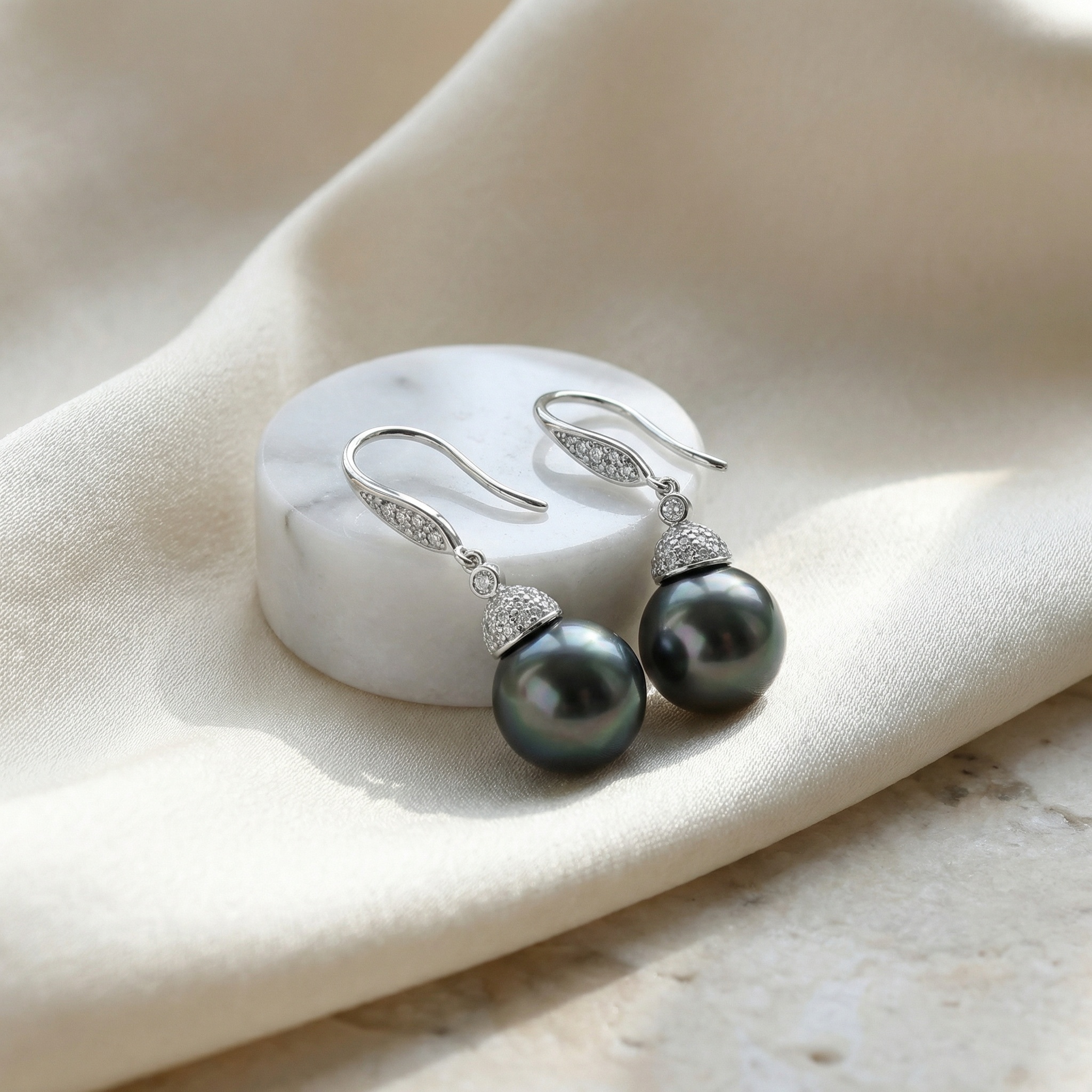 925 Sterling Silver Elegant Tahitian Black Pearl and Diamond Accented Drop Earrings