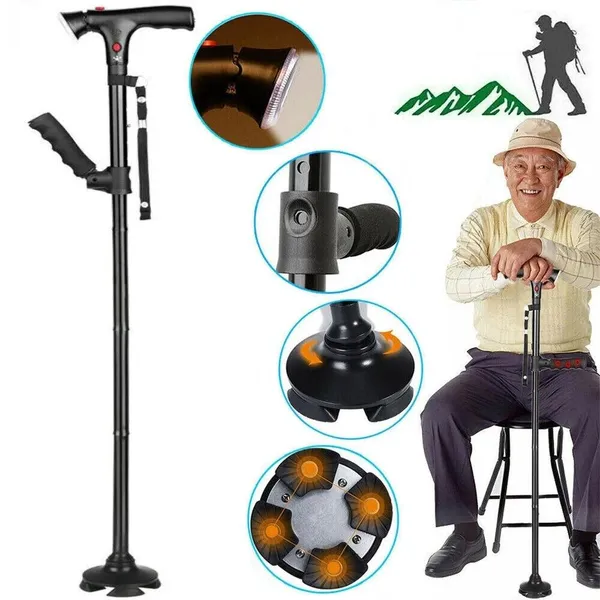 Foldable Telescopic LED Walking Cane Safe Mobility Aid For Seniors