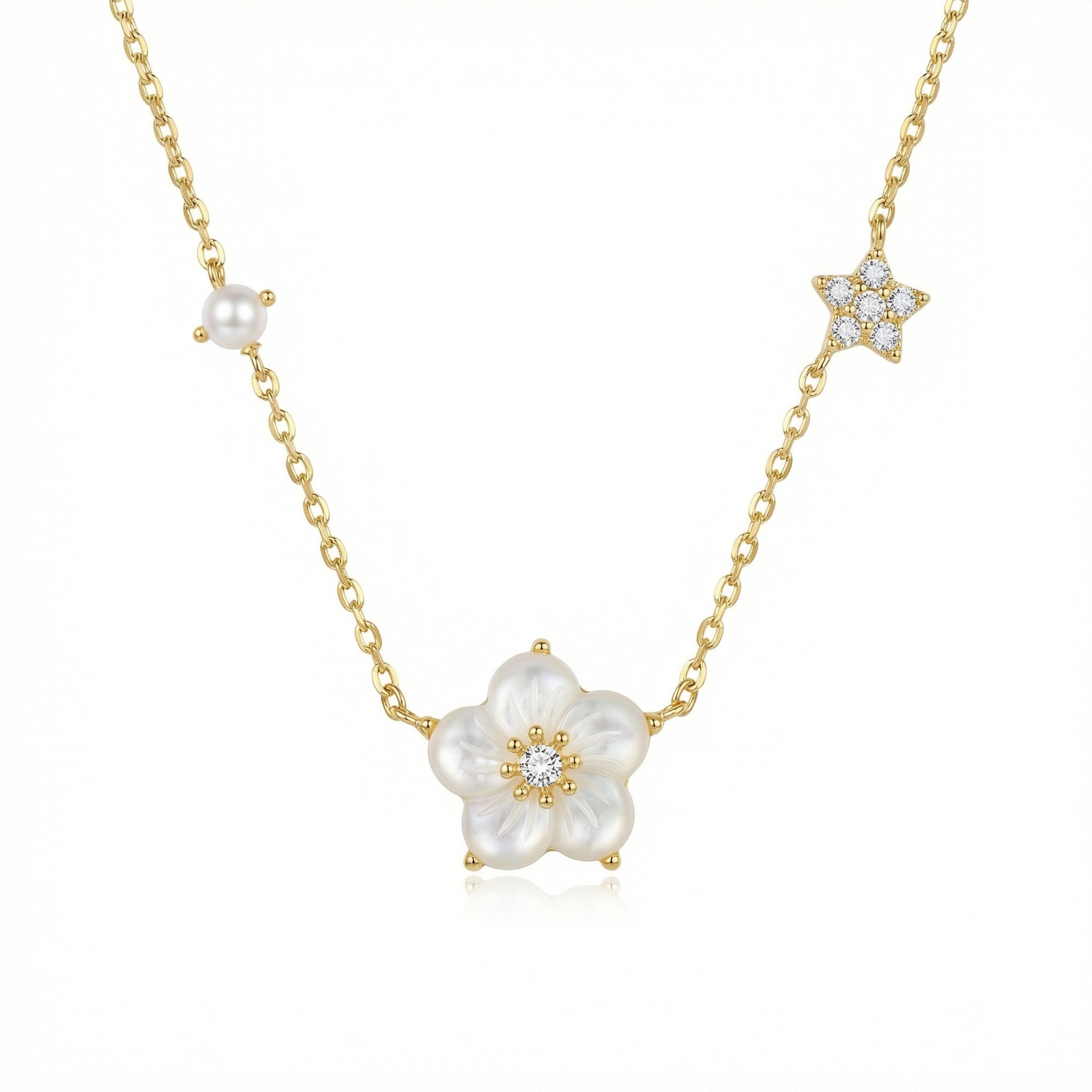 Sterling Silver Floral Star Pearl Necklace