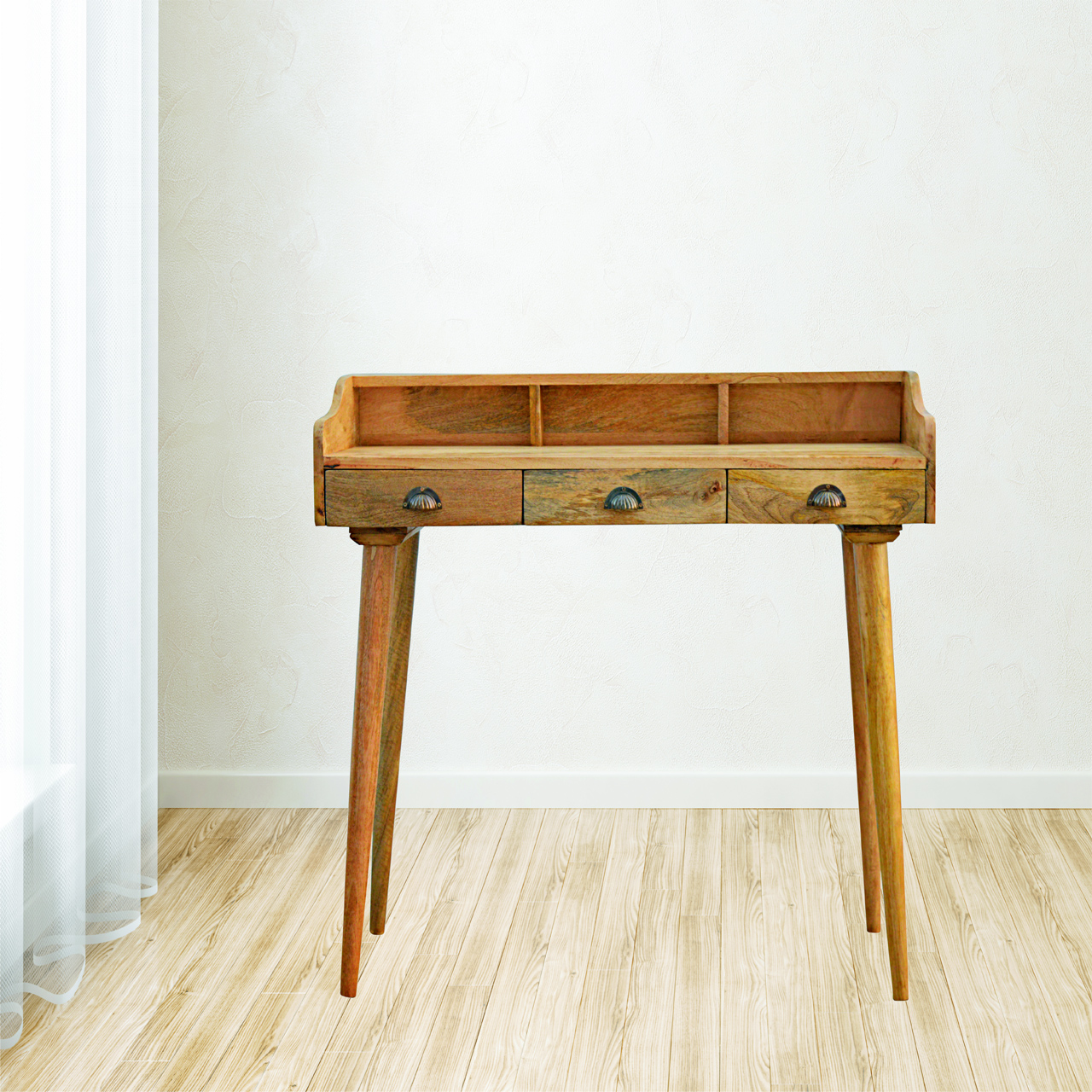 Solid Wood Gallery Back Shell Writing Desk, 3 Drawers, 3 Slots, Brown