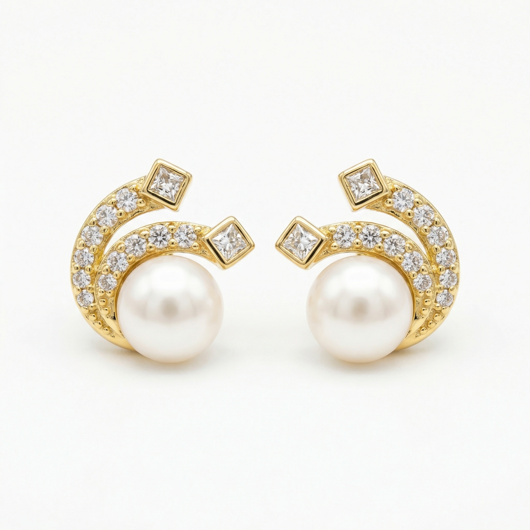 925 Sterling Silver Elegant Pearl and Diamond Swirl Stud Earrings in Lustrous Setting