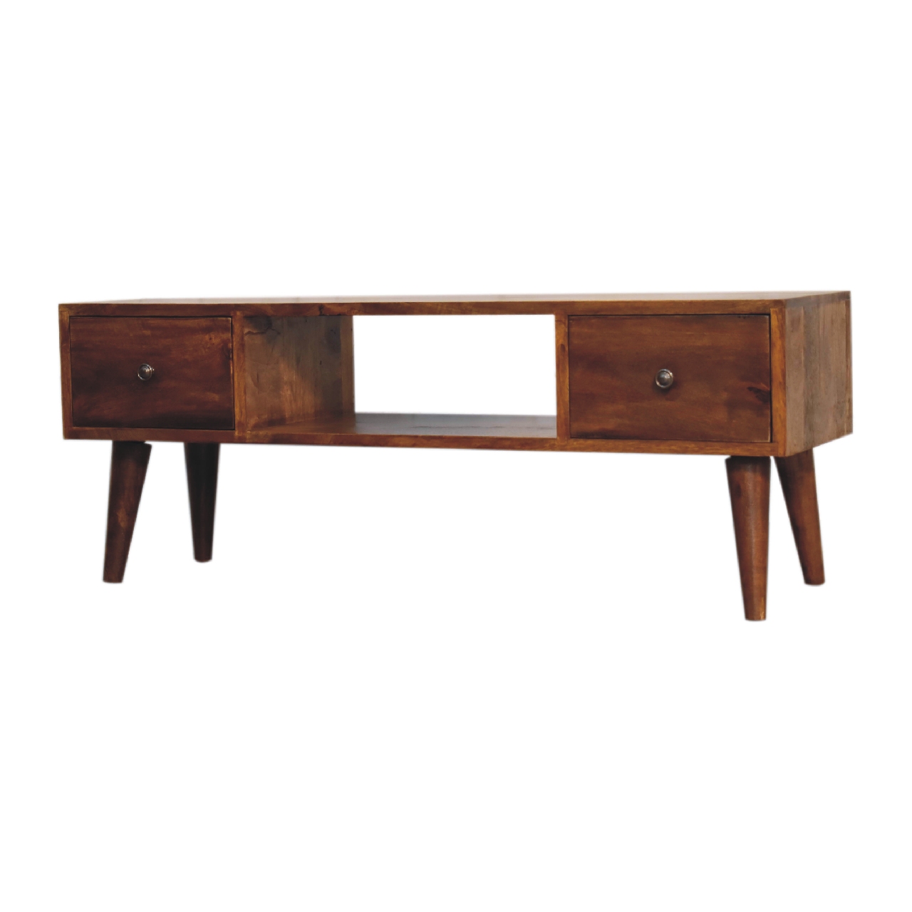 Solid Wood Classic Chestnut Coffee Table, 2 Drawers, 1 Open Slot, Dark Brown — image 3