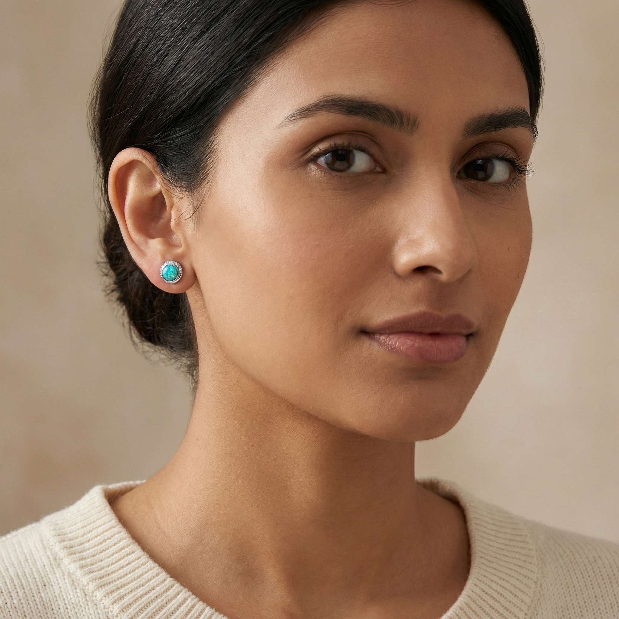 925 Sterling Silver Elegant Round Blue-Green Opal Stud Earrings with Diamond Crescent Halo