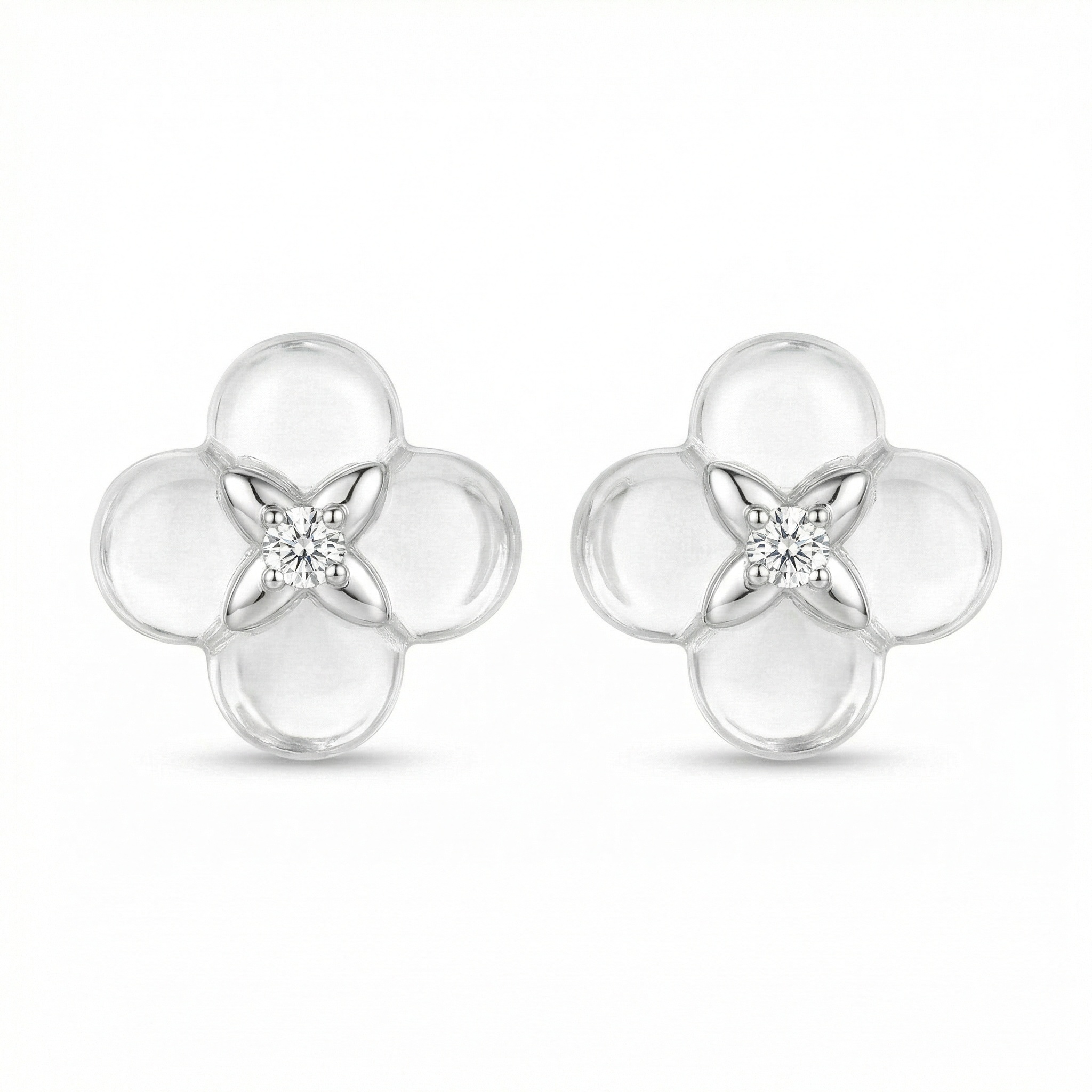 925 Sterling Silver Elegant White Floral Quatrefoil Stud Earrings with Sparkling Center Stones