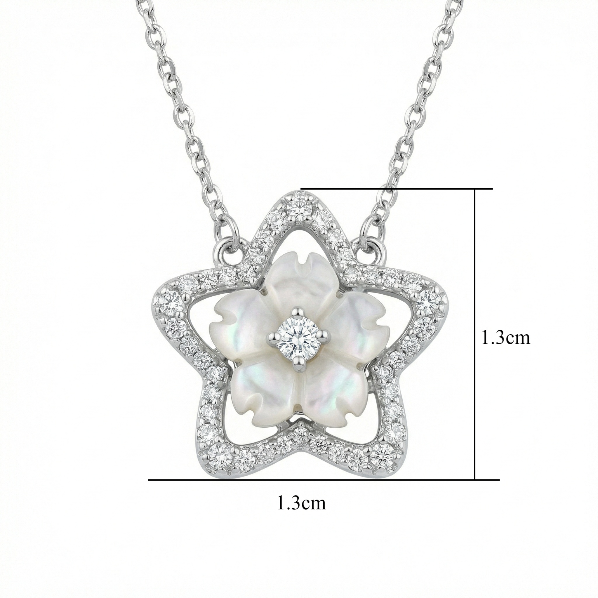 925 Sterling Silver Elegant Mother-of-Pearl Sakura Flower Pendant in a Diamond-Encrusted Star Frame - Image 1