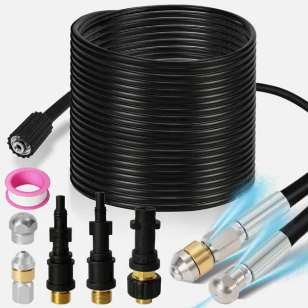 15m High Pressure Washer Pipe Cleaning Kit, 160Bar Power With Push & Spin Nozzles, Fits Karcher K2 K3 K4 K5 K7, For Drain Gutter Sewer Patio Driveway Deep Cleaning