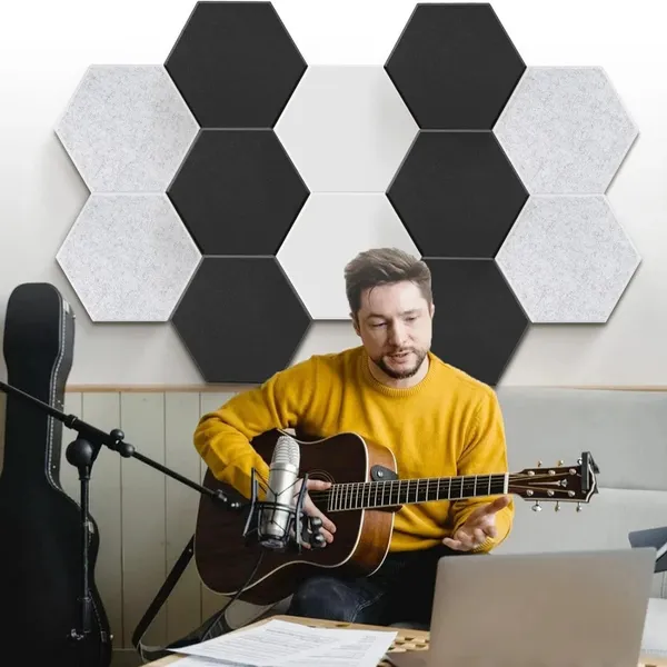 6" Hexagon Sound Panels, 9mm Thick Acoustic Panels, Polyester Fiber Wall Tiles, 12-Pack For Home Studio/Office Noise Reduction