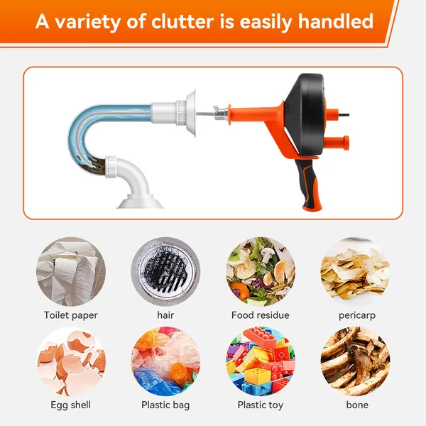 2-in-1 Hand & Electric Power Drum Auger Snake, Heavy-Duty 25FT Drain Cleaner For Sink, Toilet, Shower, Bathtub, Orange
