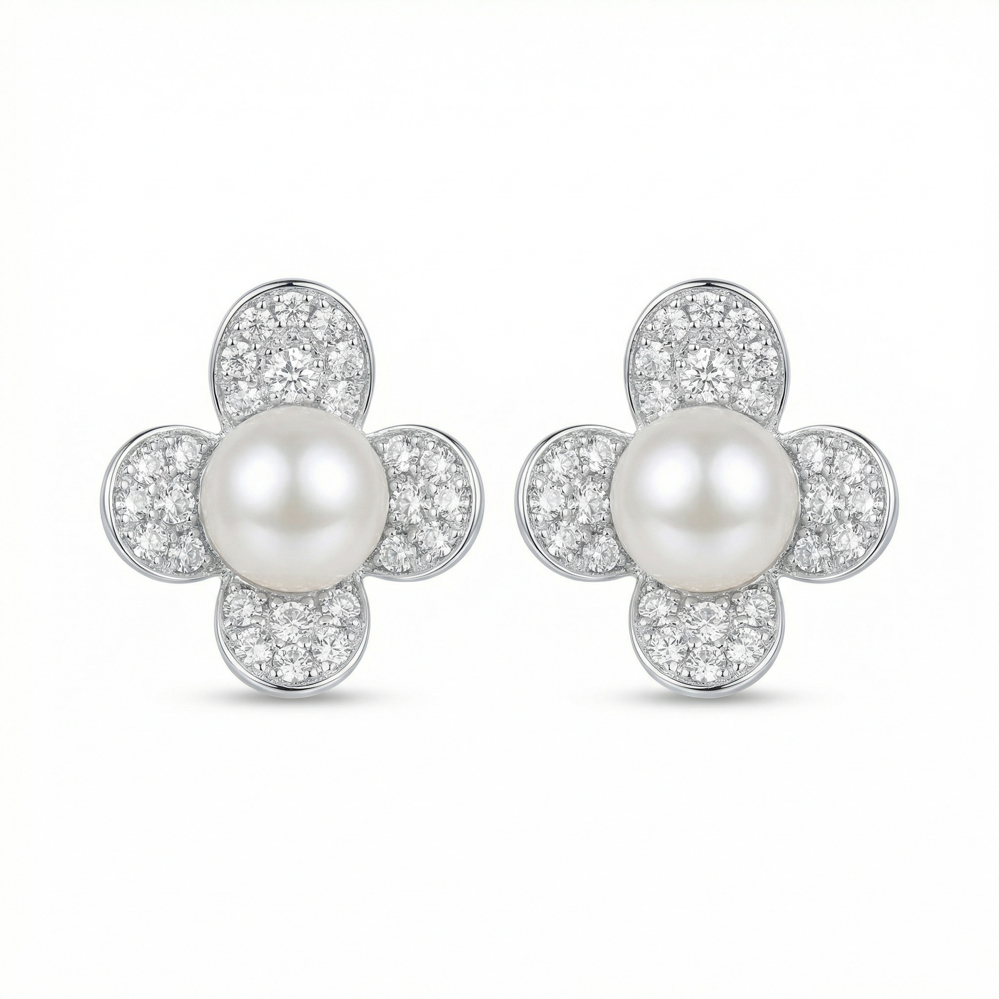 925 Sterling Silver Elegant Four-Petal Flower Pearl Stud Earrings with Pavé Diamond Accents 