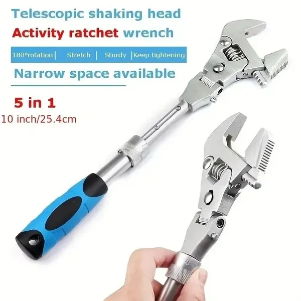 5-in-1 10'' Adjustable Ratchet Wrench With 180° Foldable Head - Dual Torque And Pipe Tool, No Assembly Required