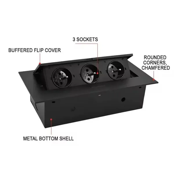 3-Gang USB Pop-Up Power Outlet, Retractable Table Socket, Kitchen Worktop Flush Mount, Black, VDE, EU