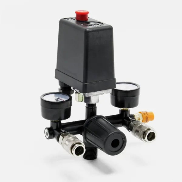 Pressure Regulator With Pressure Switch For Compressor, 2 Gauges, Safety Valve, Germany