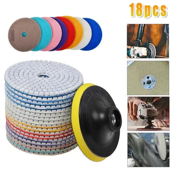 Diamond Abrasive Discs (Set Of 18) - 4" Wet/Dry Polishing Pads For Drills, Grinders And Polishers, Abrasive Material For Concrete, Marble, Countertops, Quartz
