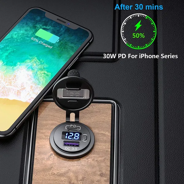 DaierTek 12V 48W USB Charger Outlet Waterproof Charger Socket PD Type C And QC3.0 USB Port USB Socket For Car Boat Marine Truck