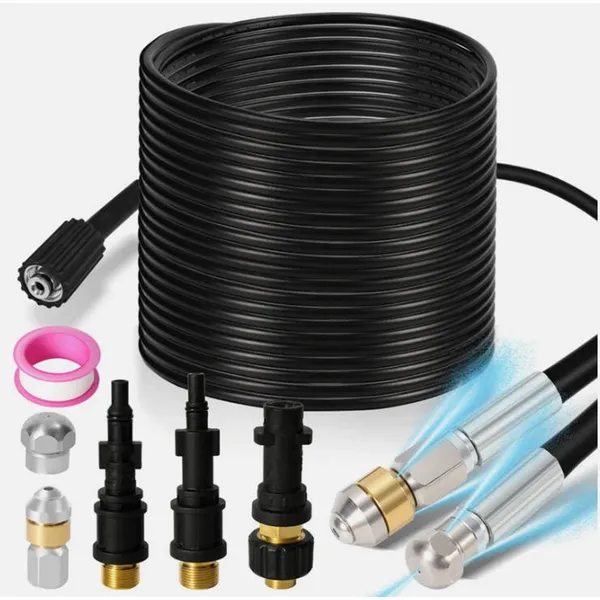 15m High Pressure Washer Pipe Cleaning Kit, 160Bar Power With Push & Spin Nozzles, Fits Karcher K2 K3 K4 K5 K7, For Drain Gutter Sewer Patio Driveway Deep Cleaning