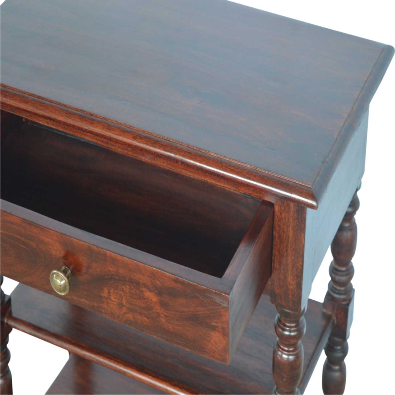 Solid Wood Turned Occasional Table, 1 Drawer,2 Big Shelves, Dark Brown — image 4