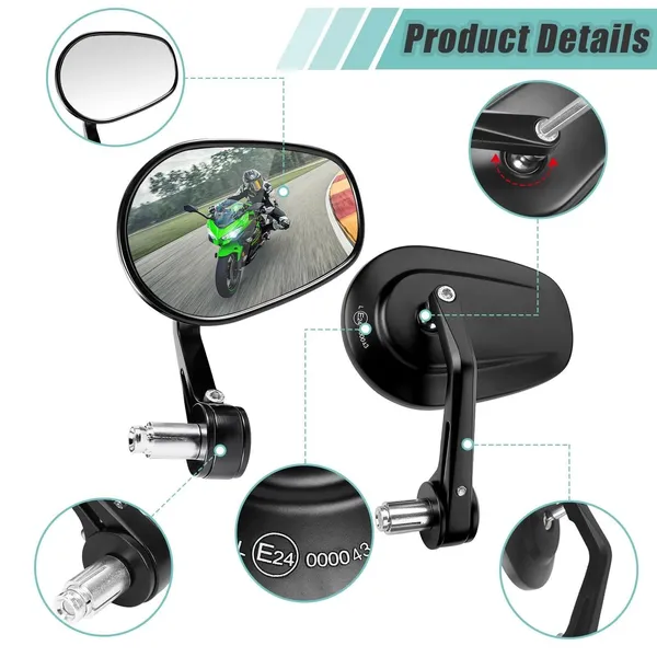 Motorcycle Handlebar End Mirror, Mirror, Rearview Mirror, CNC E-checked, 7/8", Black